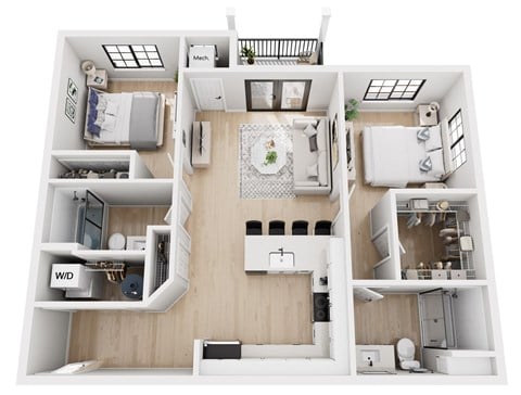 Floor plan for 2 beds, 2 baths, 922 sqft